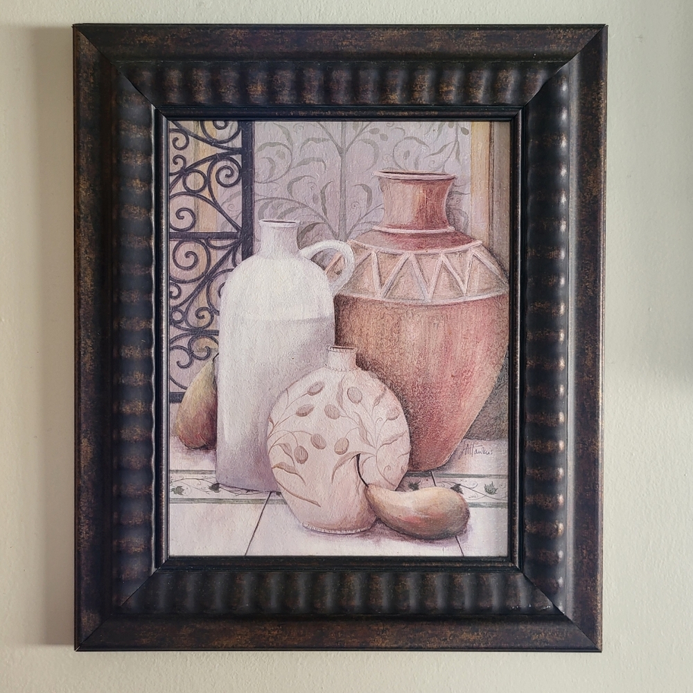 Framed 16" X 19" Signed JA Hawkins Tuscan Vases Pears Painting Wall Art‎ Decor